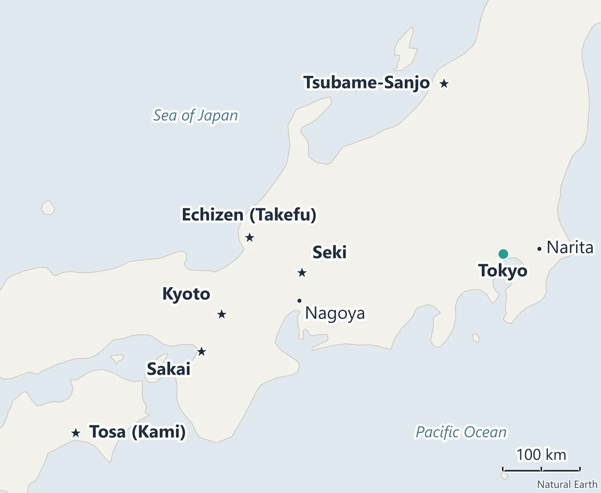 Map of central Japan marking the knife towns Seki, Sakai, Tsubame-Sanjo, Echizen (Takefu) and Tosa, with Tokyo, Narita, Nagoya and Kyoto