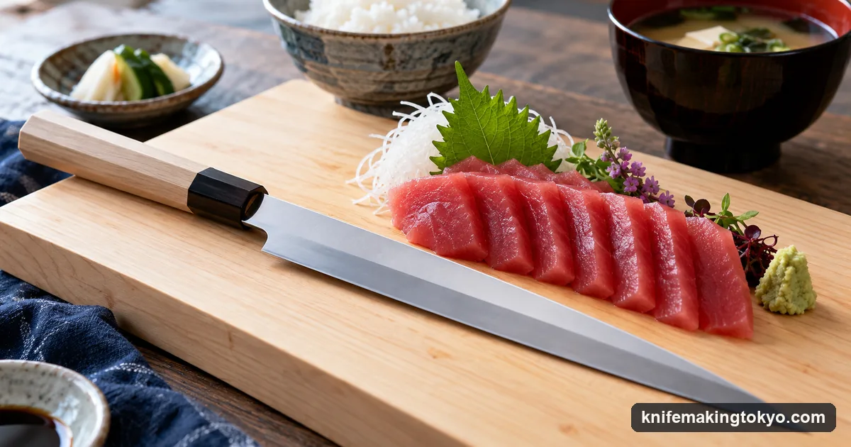 A yanagiba sashimi knife next to sliced tuna sashimi on a wooden board
