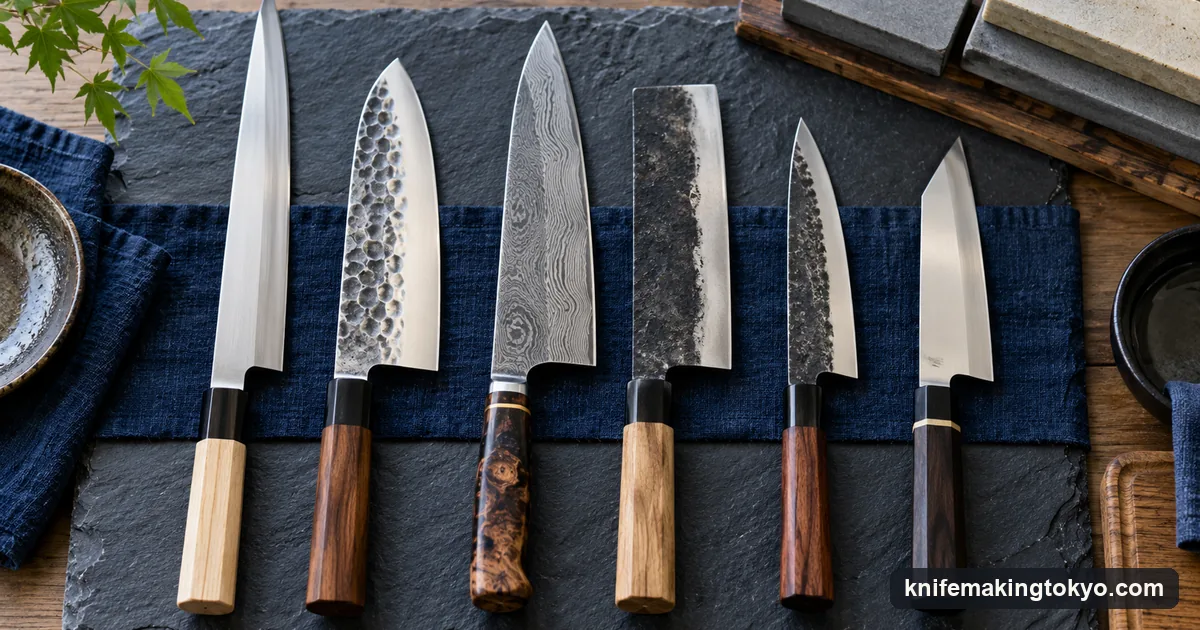 Six Japanese kitchen knives with different finishes laid in a row on slate