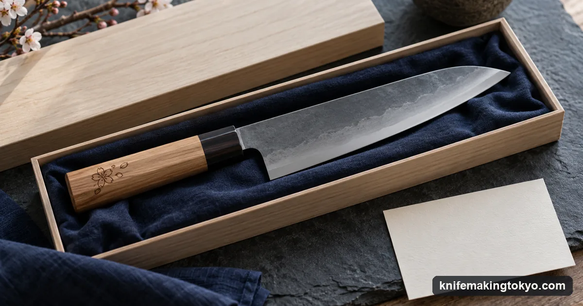 A finished Japanese kitchen knife in an open cloth-lined presentation box