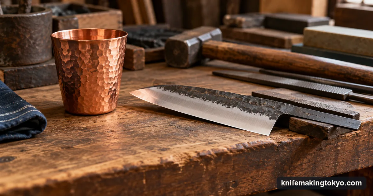A hand-hammered copper cup and a small hand-forged blade on a craft workshop bench