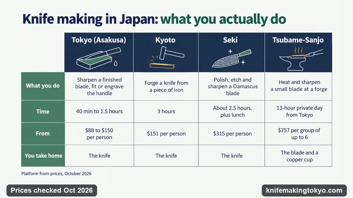 Comparison table of knife making in Tokyo, Kyoto, Seki and Tsubame-Sanjo: what you do, time, from-price and what you take home