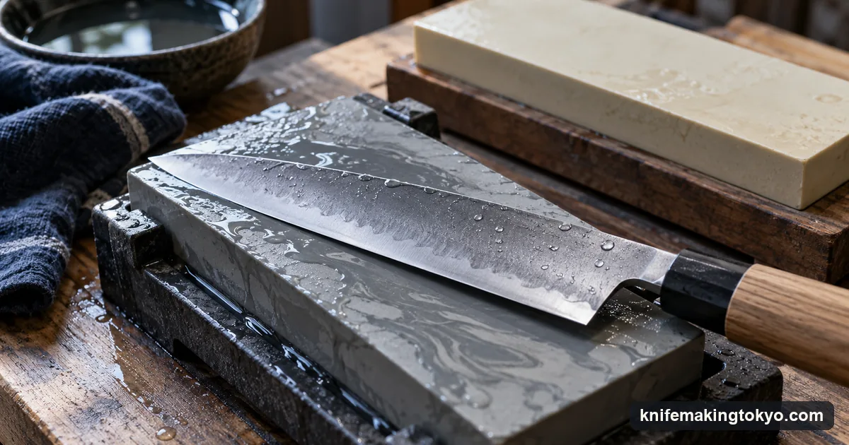 A gyuto blade on a wet whetstone with water beading on the steel