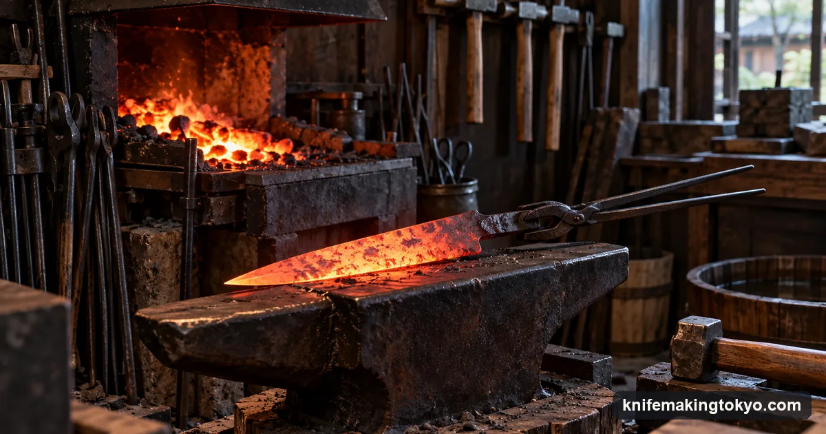 A red-hot blade blank held in tongs on an anvil beside a glowing forge